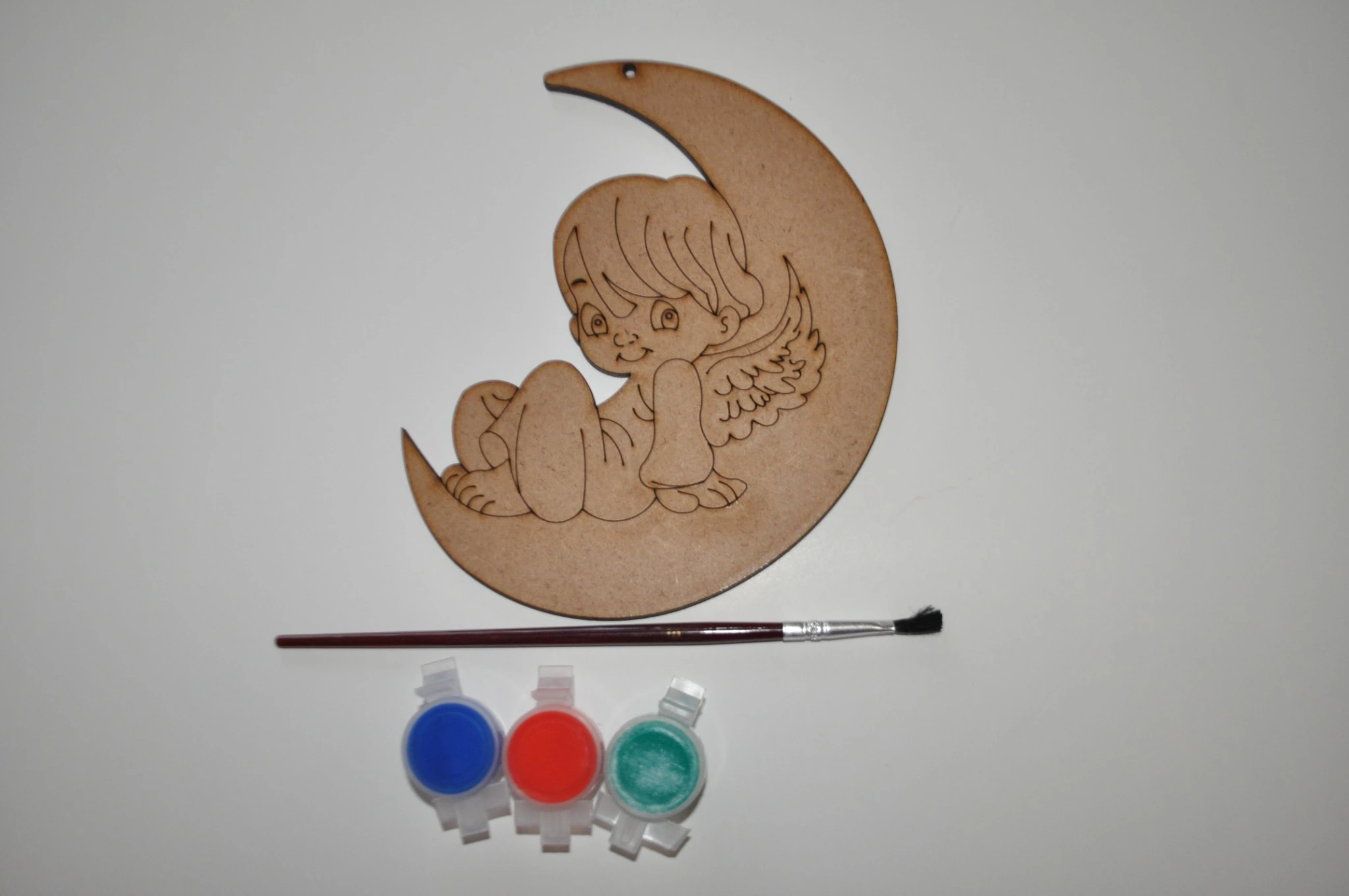 Angel on Moon wooden painting kit with colourful paints and brush