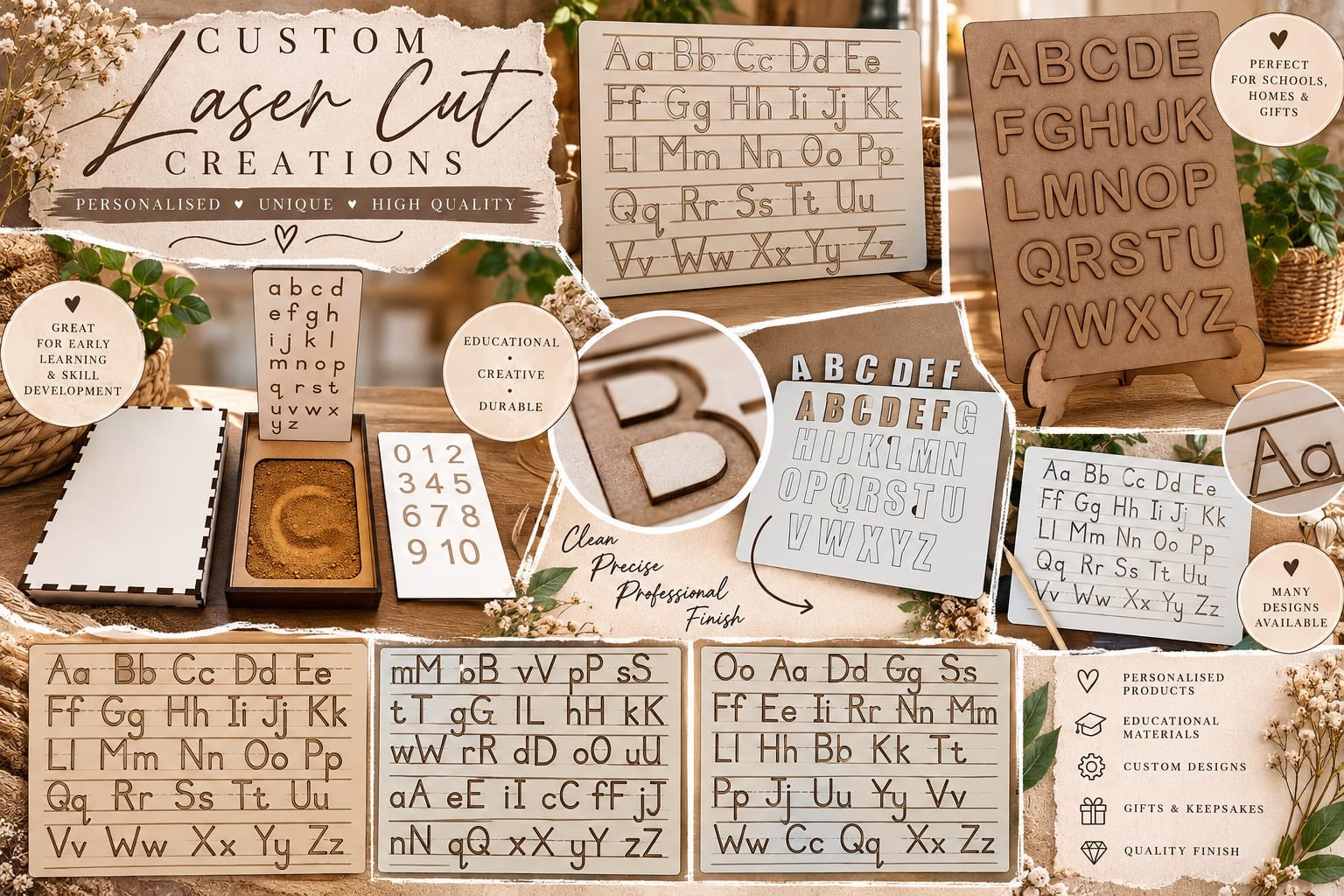 Wooden alphabet boards and personalised educational craft creations